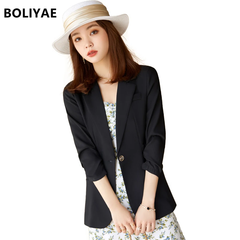 High Quality 2021 Spring and Summer 3/4 Sleeve Blazer Women's Single Buckle Slim Textured Jacket Female Outerwear Chic Tops