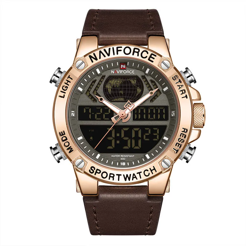 Rose gold NAVIFORCE новые мужские часы Топ люксовый бренд кожа водонепроницаемые мужские спортивные часы кварцевые аналоговые цифровые часы мужские Relogio Masculino - Цвет: Rose gold
