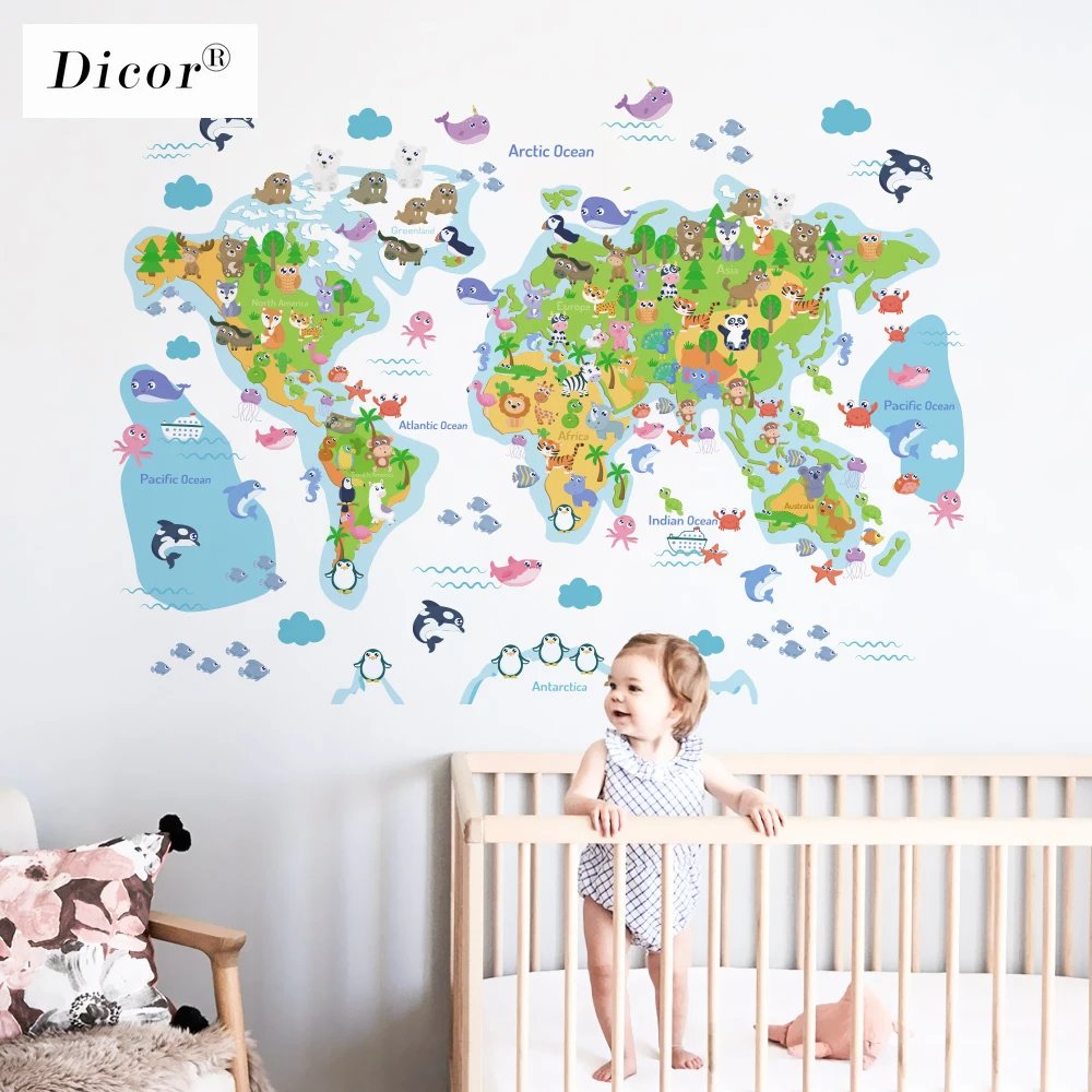 DICOR 3 вида мультфильм карта мира настенные наклейки в виде животных для детской