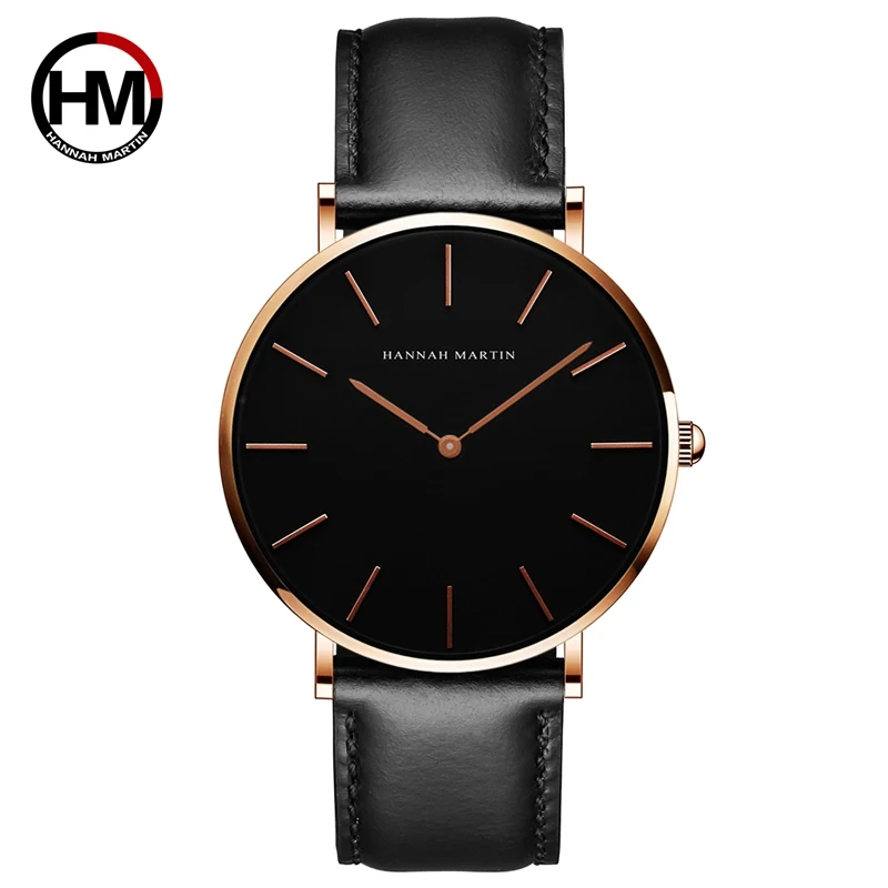 Hannah Martin High Quality Rose Gold Dial Watch Men Leather Waterproof Wristwatch Women Dress Fashion Japan Quartz Movement Saat | Наручные