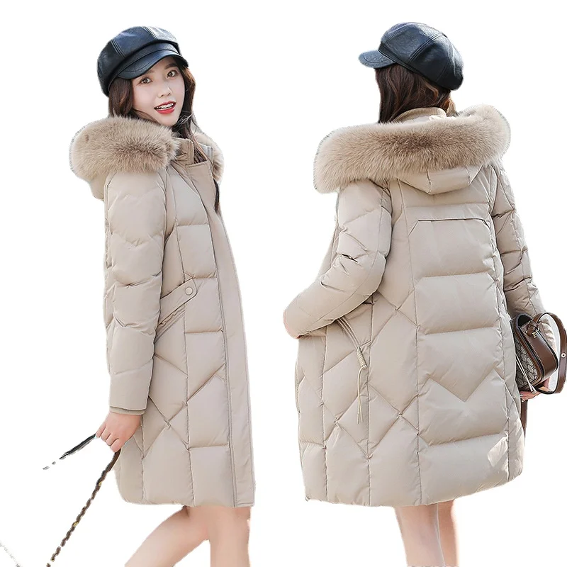 Женский пуховик средней длины повседневный толстый с капюшоном и воротником из
