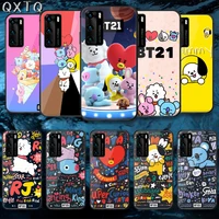 cartoon funny b bt21 tempered glass phone case cover for huawei honor mate p 8 9 10 20 30 40 a x i pro lite smart 2021 soft