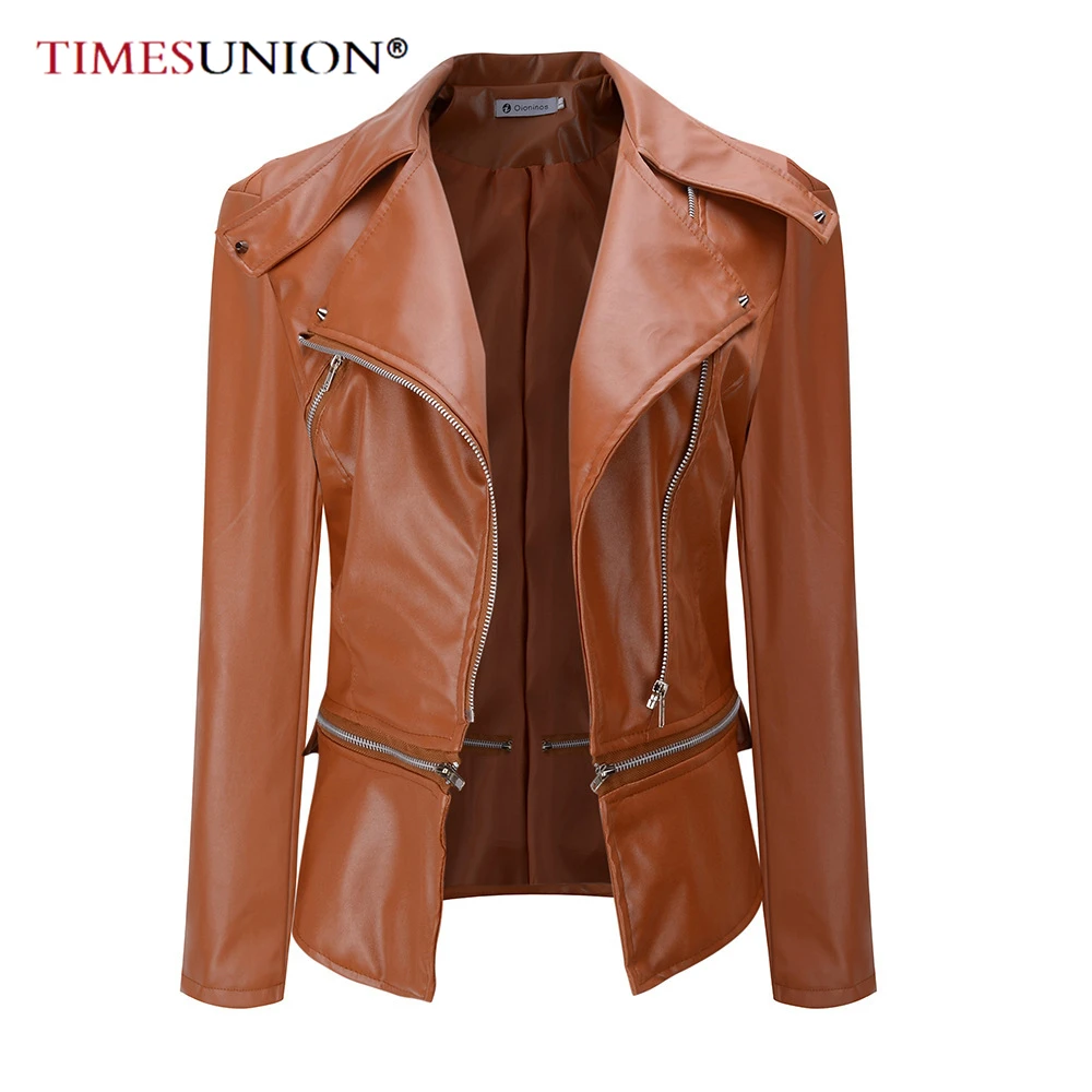 

Women Faux Leather Jacket Autumn Biker Coat Turndown Collar Zipper Two Wear Streetwear Outerwear Leather Jacket Female 4XL