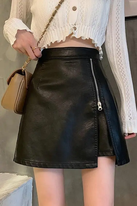 

New PU Leather Skirt Fashion Irregular Women's Black High Waist A- Line Skirt Woman Buttocks Mini Skirt Sexy Elegant Party Club