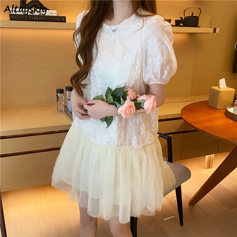 

Dresses Women Sweet Female Stylish Korean Style Patchwork Round Neck Kawaii Lantern Sleeve Mujer De Moda Students Party Casual