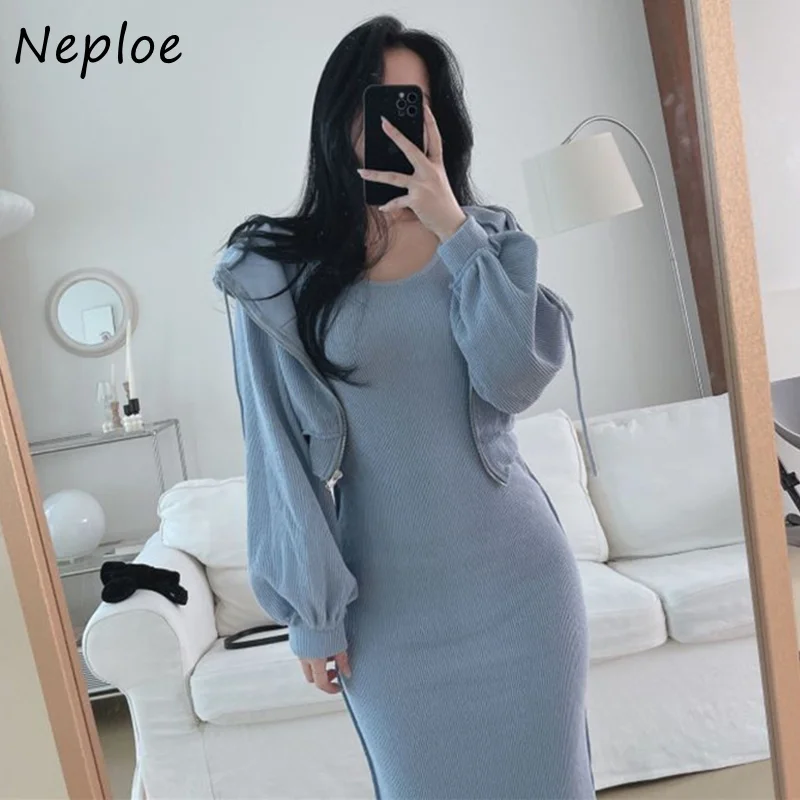 

Hooded Pullover Long Sleeve Solid Knit Sweater Dress Women High Waist Hip Skinny Vestidos Solid 2021 New Spring Sueter