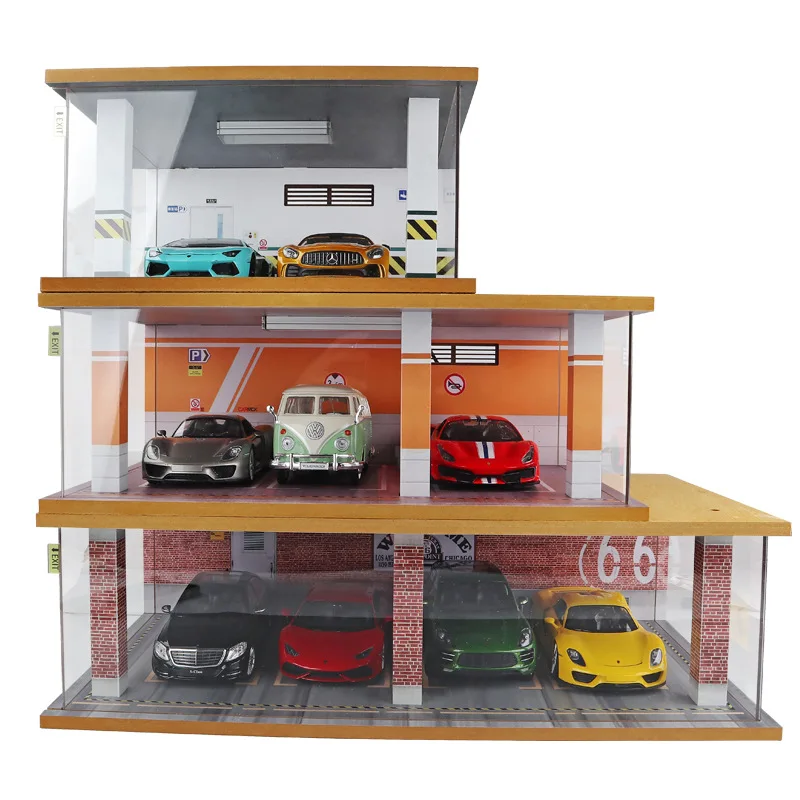 

1:24 simulation car model parking lot garage model scene acrylic dustproof display box with lights