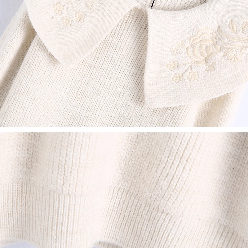 

Autumn Winter Embroidery collar Knitted Sweater Women White Pullovers Flare Sleeve Soft Jumper Fashion 2020 Vintage INKEO 9192