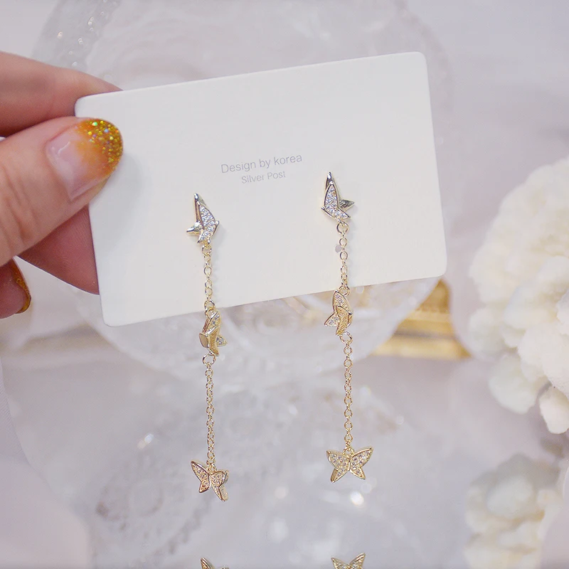

Korean Hot 14k Real Gold Jewelry Butterfly Temperament Earrings for Women Top High Quality Shiny Zircon S925 Silver Needle Gift