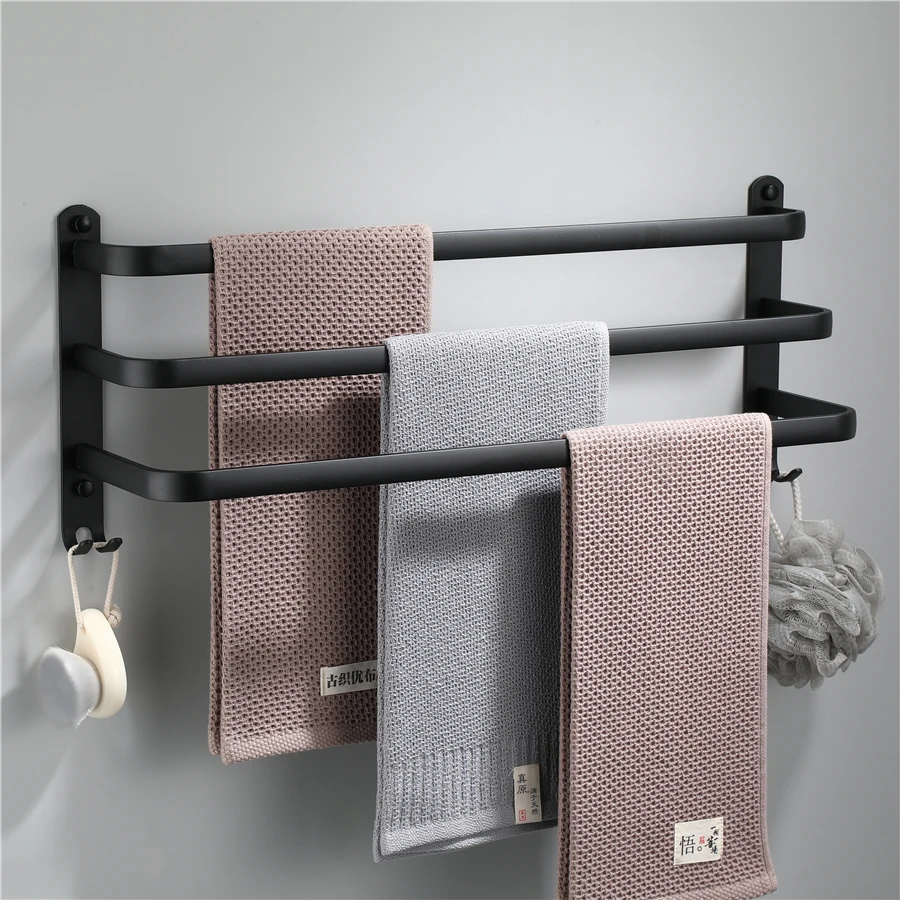 

Bathroom Wall Mounted Towel Rack Towel Hanger Black 30-50cm Towel Bar With Hooks Bathroom Kitchen Accessories