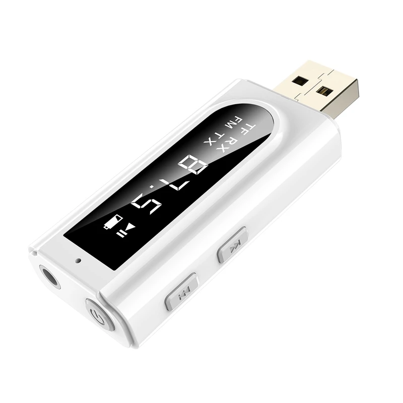 

USB Bluetooth 5.0 Receiver Transmitter 2-In-1 FM Modulator Card 3.5mm AUX Jack Wireless Audio Adapter Handsfree Mic