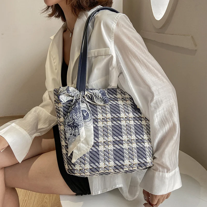 

Популярная вместительная сумка, женская сумка, новинка 2021, модная шерстяная клетчатая сумка-тоут, модная сумка через плечо