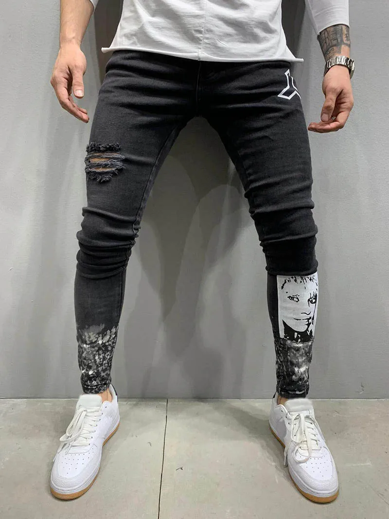 Men Black Ripped Jeans Fashion Stretch Print Slim Distressed Jeans Pantalones Hombre Casual Skinny Destroyed Denim Pencil Pants