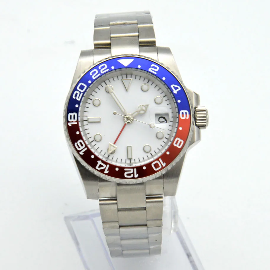 40MM Unmarked GMT Watch Stainless Steel White Dial Coke Bezel Luminous Automatic Mechanical Watch Men