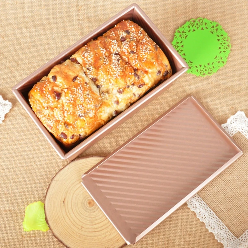 

Premium Quality Loaf Tin w Cover Bread Toast Mold Corrugated loaf Pan w lid 450g Dough Non Stick Gold Alluminum Alloy