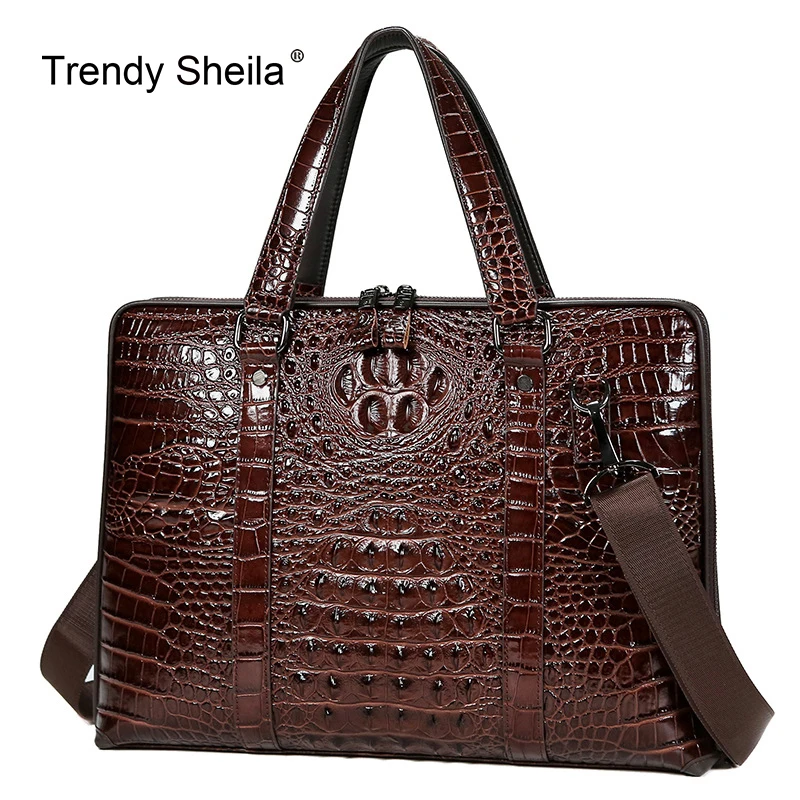 Мужская сумка портфель из натуральной кожи с узором крокодиловая кожа Большая