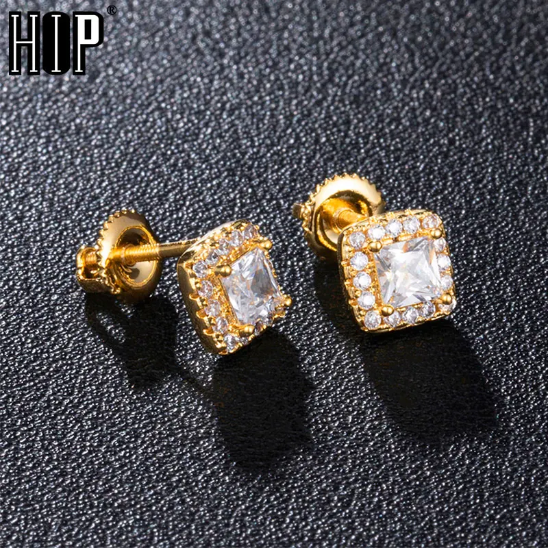 

Hip HOP 1Pair Big Zircon Micro Full Paved Rhinestone CZ Stone Round Bling Iced Out Stud Earring Copper Earrings For Men Jewelry