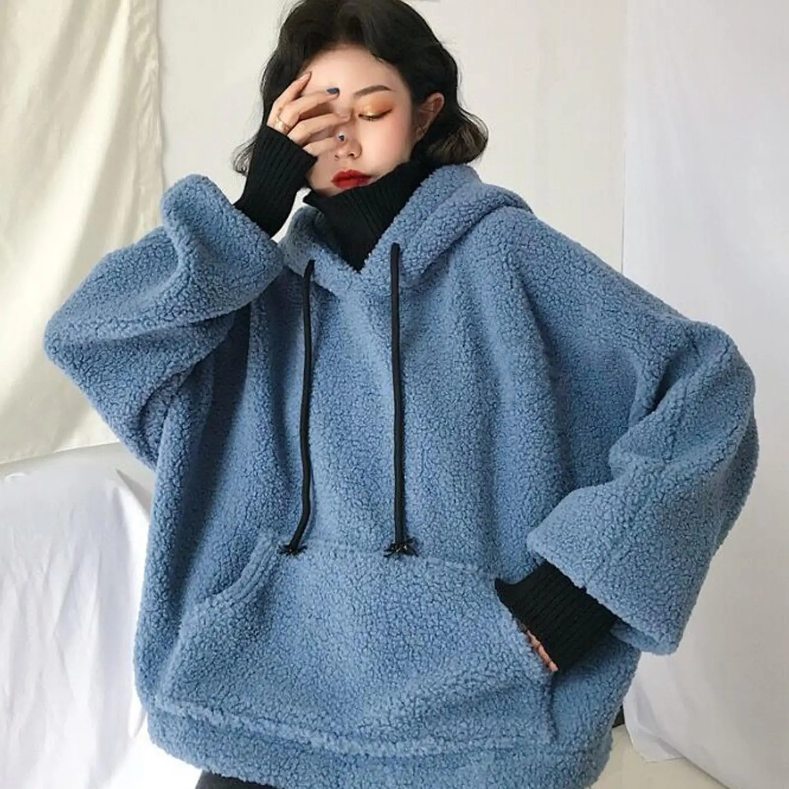 

Women Autumn Fake Two Piece Turtle Neck Fleece Plush Loose Long Sleeve Thick Warm Hoodie Sweatshirt Tops