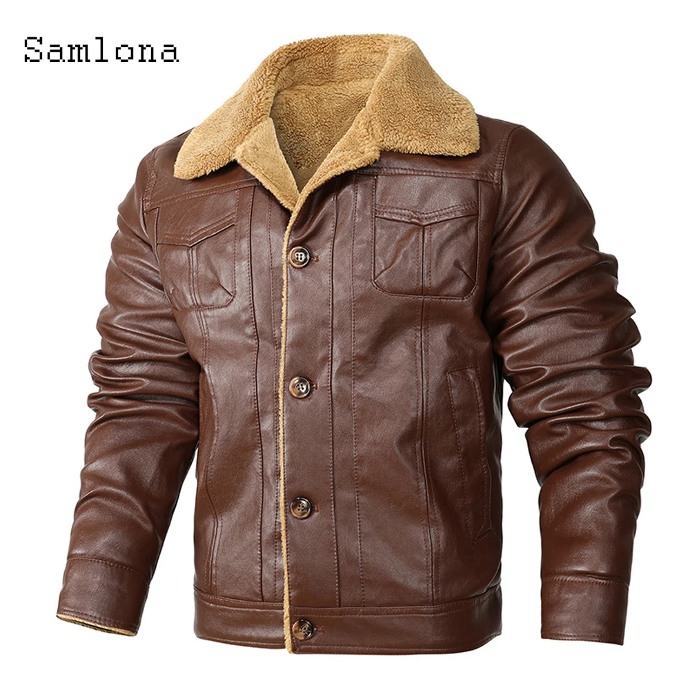 

Мужская однобортная куртка из искусственной кожи, Повседневная приталенная куртка из искусственной кожи, зимние теплые пальто с бархатной ...