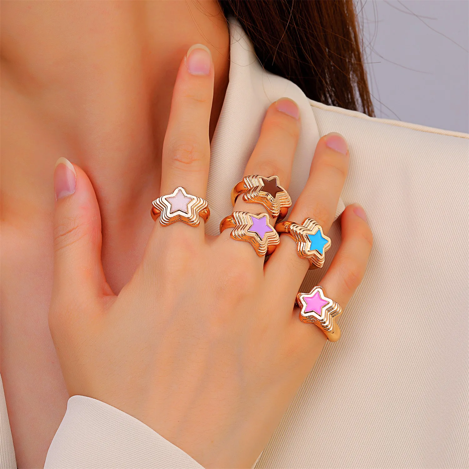 

European and American Ins Wind Sweet Star Ring Cute Alloy Color Dripping Five-pointed Star Geometric Y2k Style Ring Fun Ring