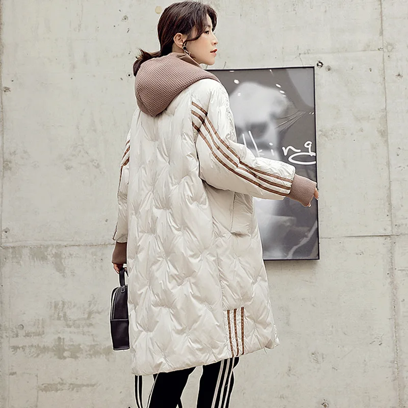 

Трикотажный пуховик средней длины с капюшоном для женщин, зима 2020, новый белый пуховик на утином пуху, модное студенческое толстое пальто