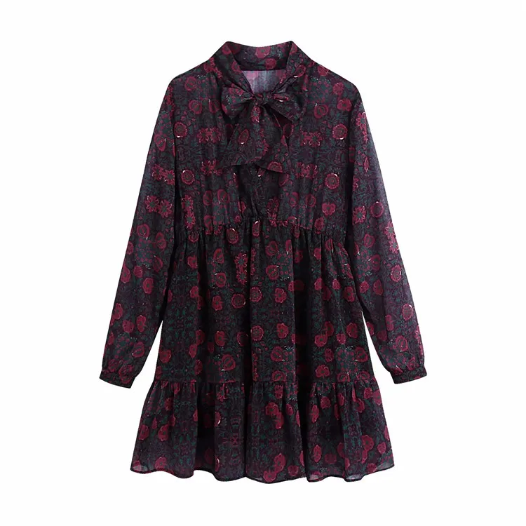 

women vintage pleats red flower print mini dress female long sleeve casual vestidos chic sweet ruffles chic dresses