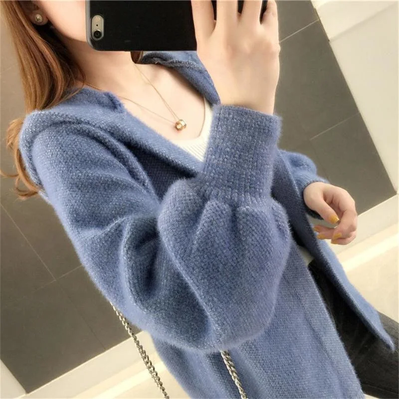 

JCHB Women Autumn Winter New Imitation Mink Cashmere Cardigan Coat Female Long Sleeve Hooded Warm Casual Knitted Sweaters N177
