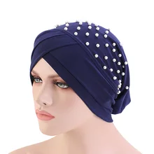 Turbante musulmán con cuentas de Color sólido para mujer, accesorios para el cabello, gorro de India, pañuelo para quimio (3)