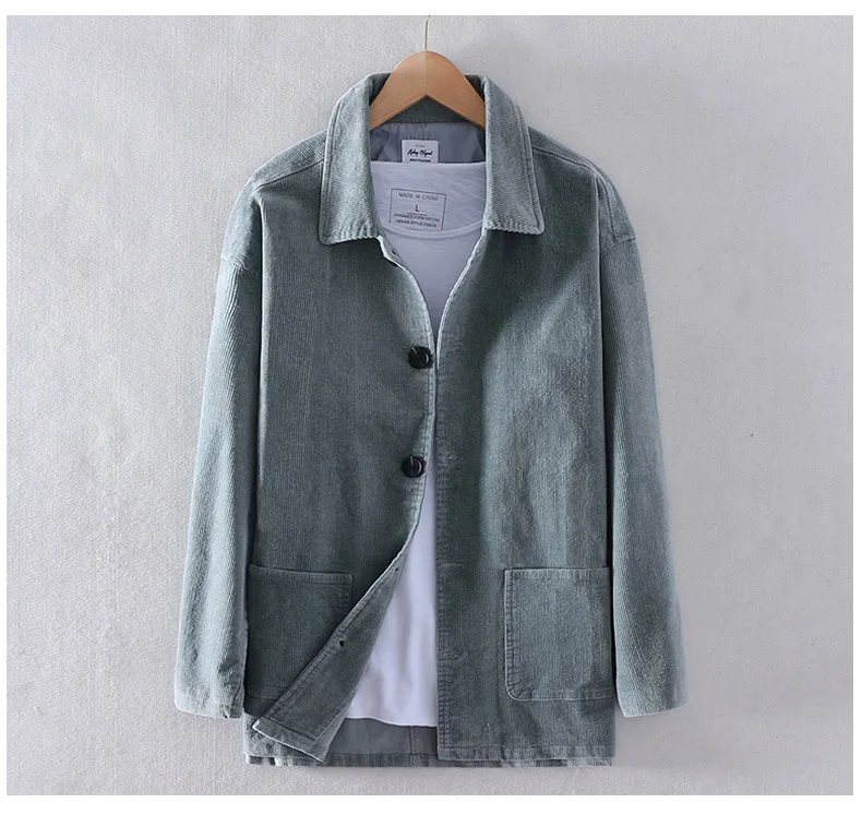 Schinteon Men Corduary Loose Jacket Autumn Mid-Length Outwear Casual Turn-down Collar Top Fashion High Quality New