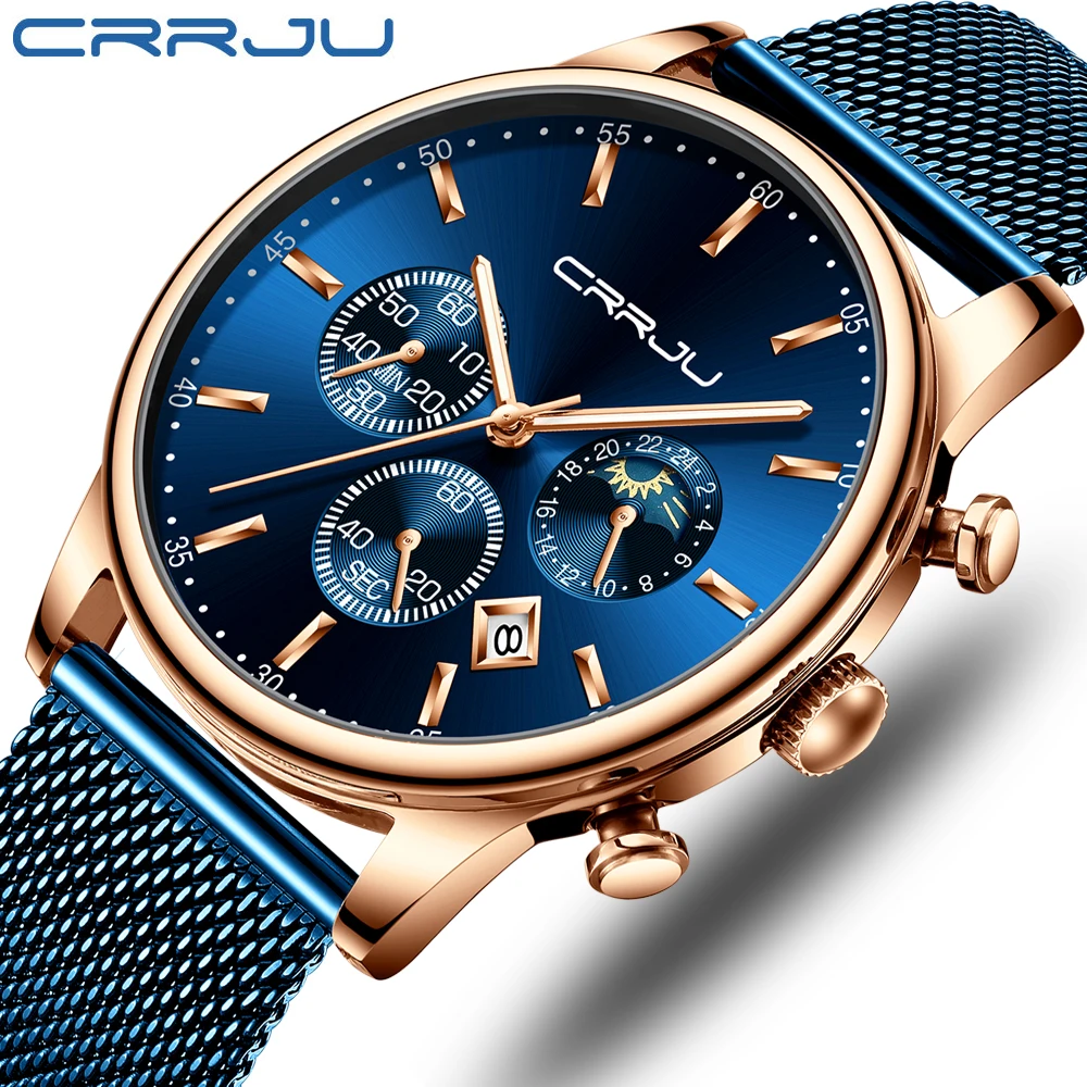 

Fashion CRRJU New Men watches Luxury Business Dress Quartz Watch Blue big Dial Steel Strap with Chronograph Date erkek kol saati