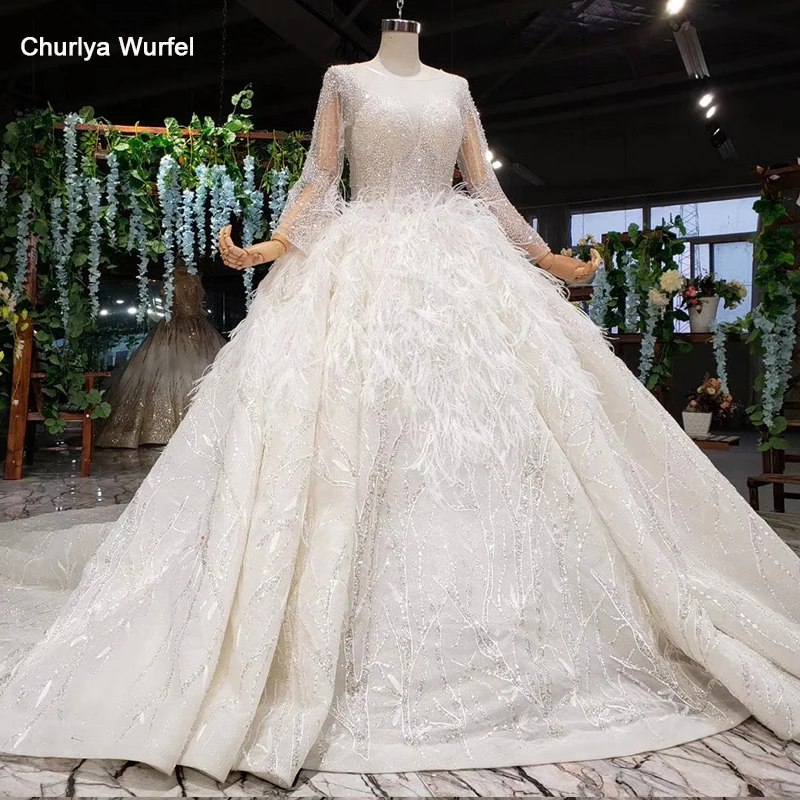 

Luxury New Vestido De Noiva Manga Longa Long Sleeve Modest Wedding Dress With Feather O Neck Illusion Back African Wedding Gowns