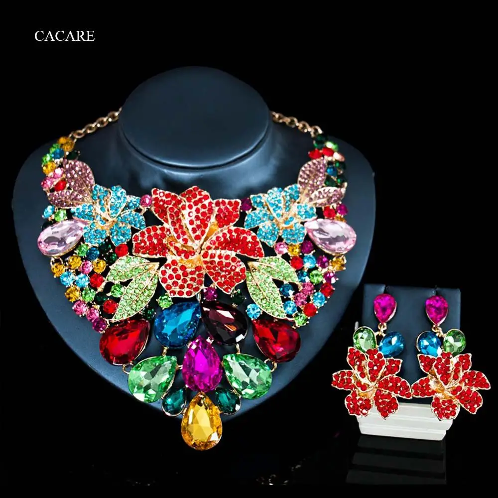 

Luxury Rhinestone Jewelry Sets Women Fashionable Necklace Earrings Set 3pcs EU Dubai Big Jewellery Party Jewels F1044 6 Colors