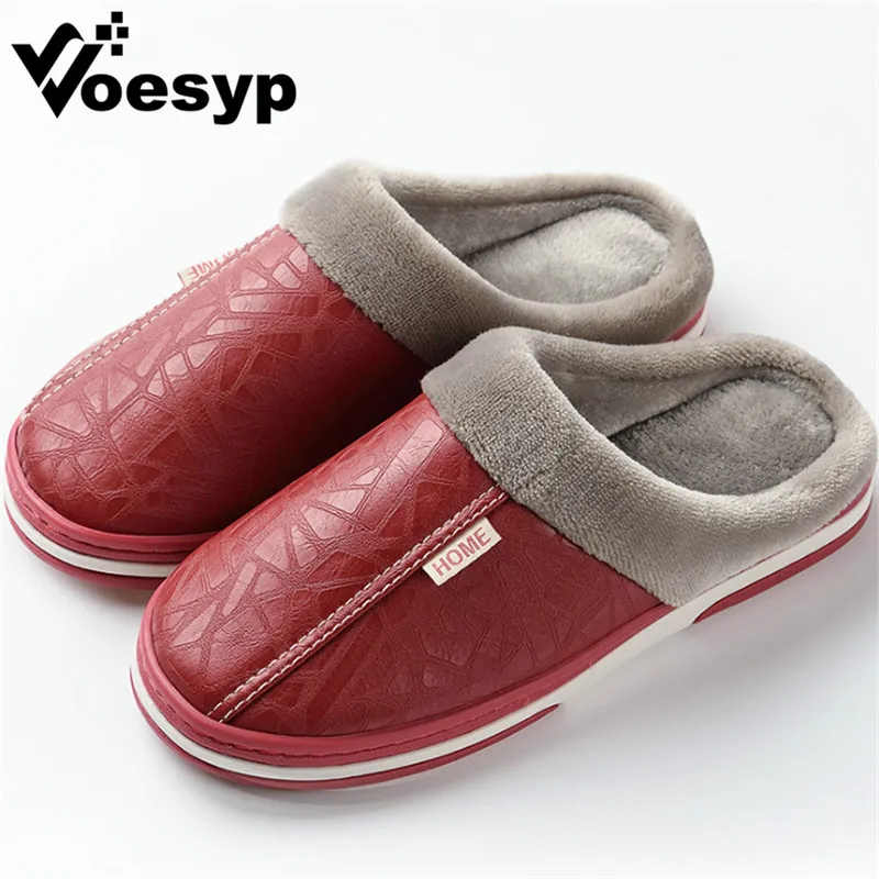 

Fur Slippers Men Shoes Winter Keep Warm Casual Slippers PU Leather Waterproof Women Men Slippers Lovers Slides Indoor Mules