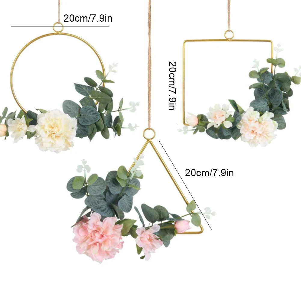 

3PCS Cilected Flower Hanging Hoop Wreath Geometric Round Triangle Square Frame Artificial Flower For Wedding Backdrop Wall Decor