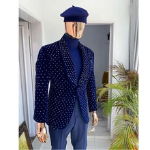 Blazer + pantalon Slim en velours pour homme, 2 pièces, bleu marine, pour soirée de mariage, smoking  (1)