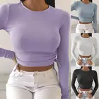 Пикантная Женская Повседневная облегающая Однотонная футболка, облегающий кроп-топ с длинным рукавом, блузка с боковым шнурком