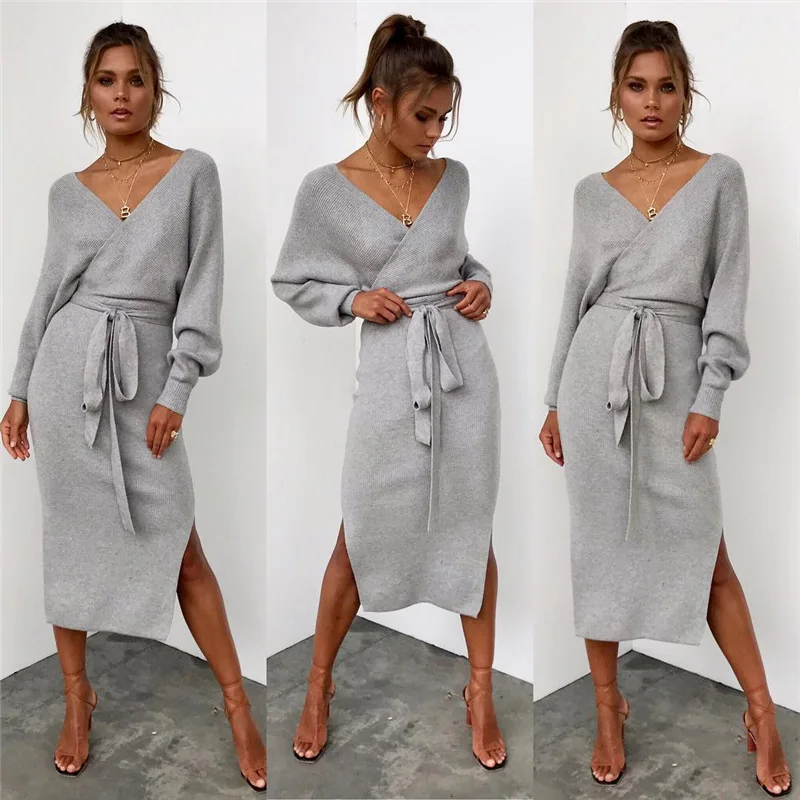 Женское длинное трикотажное платье зимние вечерние платья с длинным рукавом и v