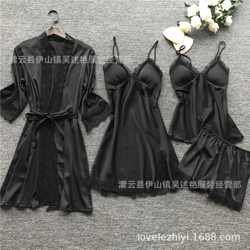

2021 Women Pajamas Sets Satin Sleepwear Silk 4 Pieces Nightwear Pyjama Spaghetti Strap Lace Sleep Lounge Pijama With Chest Pads
