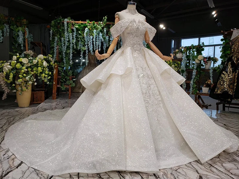 HTL988 vestido de noiva, свадебные платья принцессы, блестящее свадебное платье с открытыми плечами, воротником из бисера, цепочкой, королевским шлейфом, trajes de novia