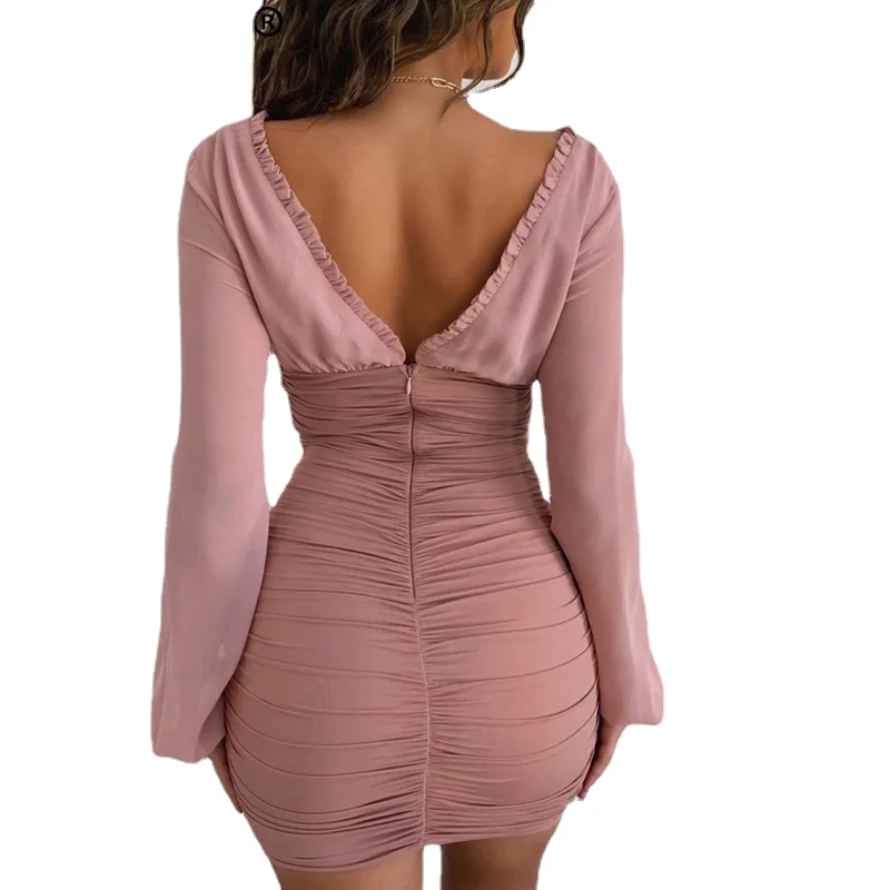 

2021 new Chiffon Summer Autumn Dress Women Sexy Long Sleeve Slim Elastic Bodycon Bandage Dress Short Pleated