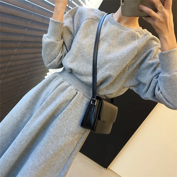 

New 2021 Winter Spring Women Dresses Thicken High Elastic Waist Casual Long Minimalist Pockets Wild Warm Dress