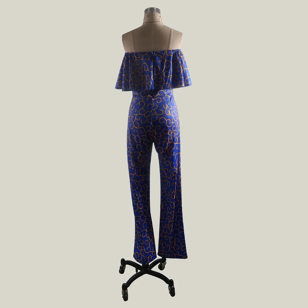 Blue Print Off Shoulder Sexy Jumpsuit Women Elegant Backless Party Overalls Fashion Long Jumpsuits Summer 2020 Ladies Rompers | Женская