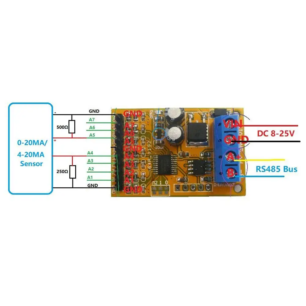 Аналоговый коллектор напряжения R4AVA07 7 каналов RS485 ADC Modbus RTU 03 06 функциональный код