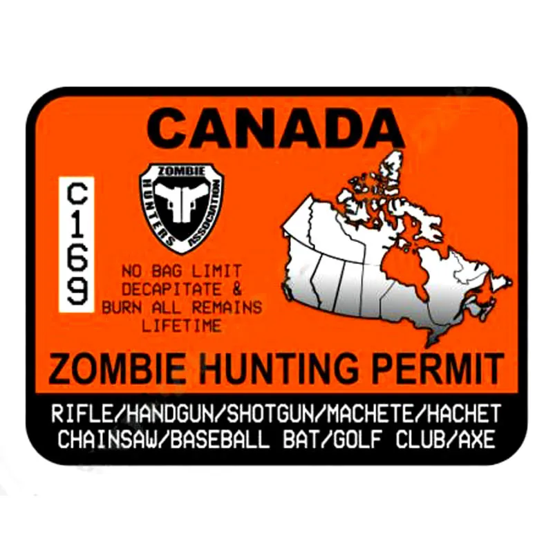 

Reflective ZOMBIE Hunting Permit Canada Car Stickers and Decals Bumper Window Trunk Cover Scratches Accessories KK13*10cm