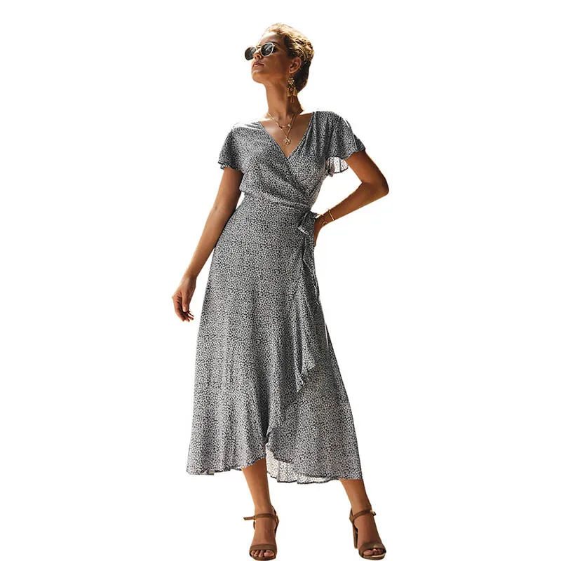 

Summer Boho Bohemian Chiffon Dot Maxi Long Dress Office Ladies Women 2021 Sexy Bodycon Beach Short Sleeve Elegant Clothing