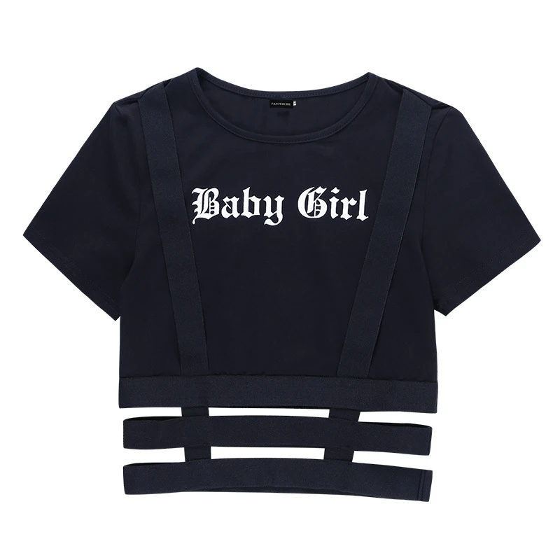 

Gothic Streetwear Punk Hollow Out Black T Shirt Harajuku Goth Letter Print Bodycon Short Sleeve Top Women Sexy Basic Crop Tops