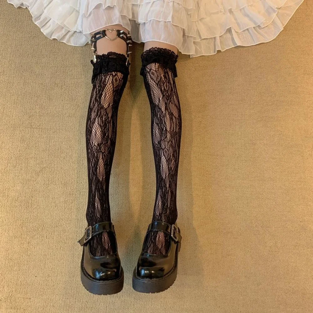 

Gothic Black Rivet Leg Ring Over Knee Lace Stockings Streetwear Girls Punk Thin Leg Ring Clip Buckle Fashion JK Long Socks