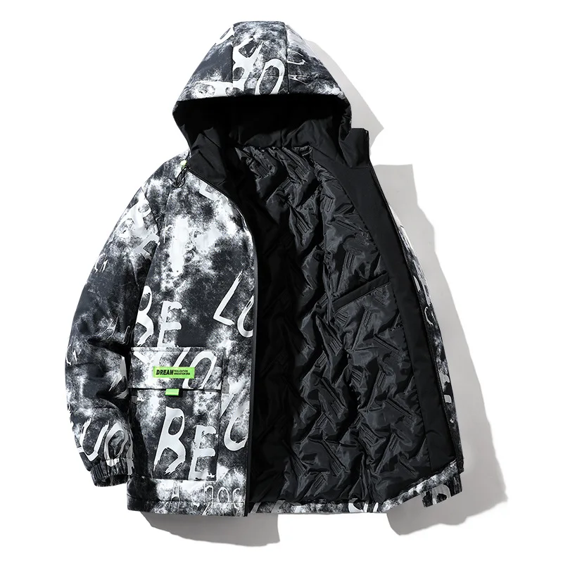 Men's Fashion Fluorescent Letters Print Hooded Cotton Jacket  New Youth Large Size Workwear Jacket Men Winter Coats Streetwear