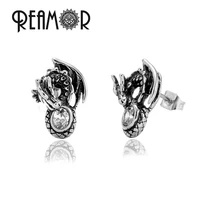reamor evil dragon cubic zirconia stud earrings for men women stainless steel oval white cz earring trendy jewelry 1 pair