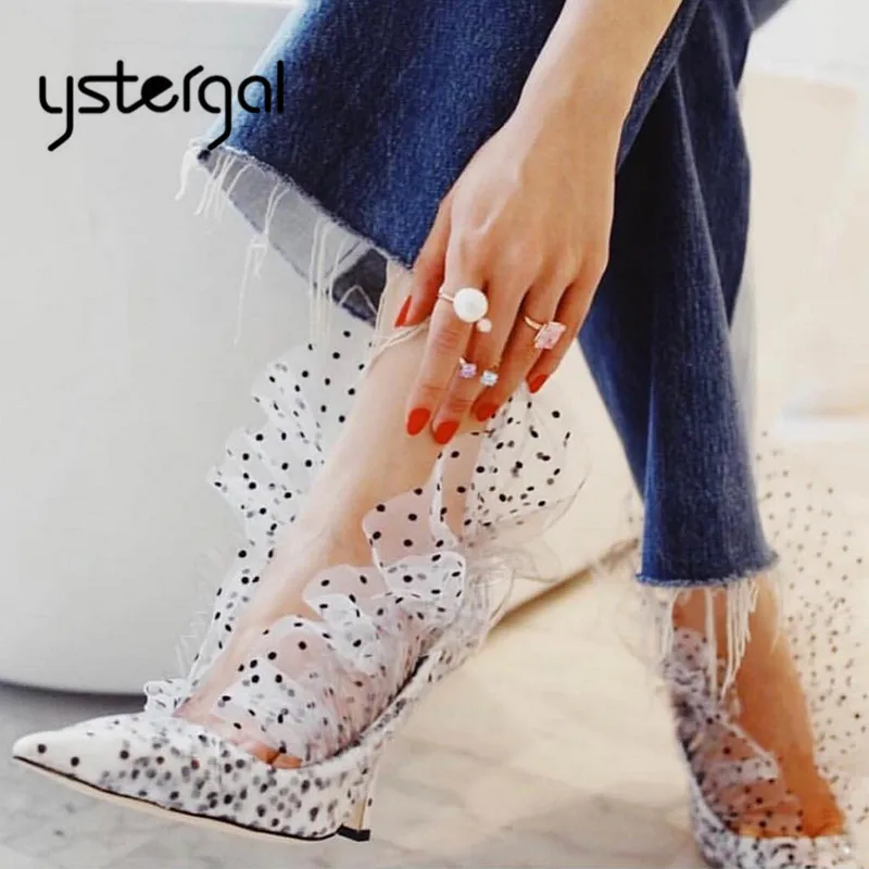 

Ystergal Pointed Toe Women Pumps Prom Dress Shoes Woman PVC Ruffled Gladiator High Heels Stiletto Valentine Shoes Zapatos Mujer